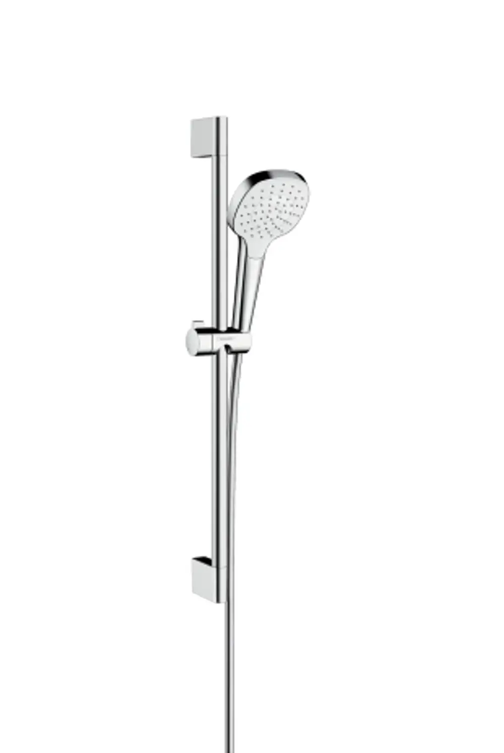 Hansgrohe Duschsystem mit einer glänzenden Chrom-Brausestrange und Handbrause, installiert an der Wand, auf weißem Hintergrund.